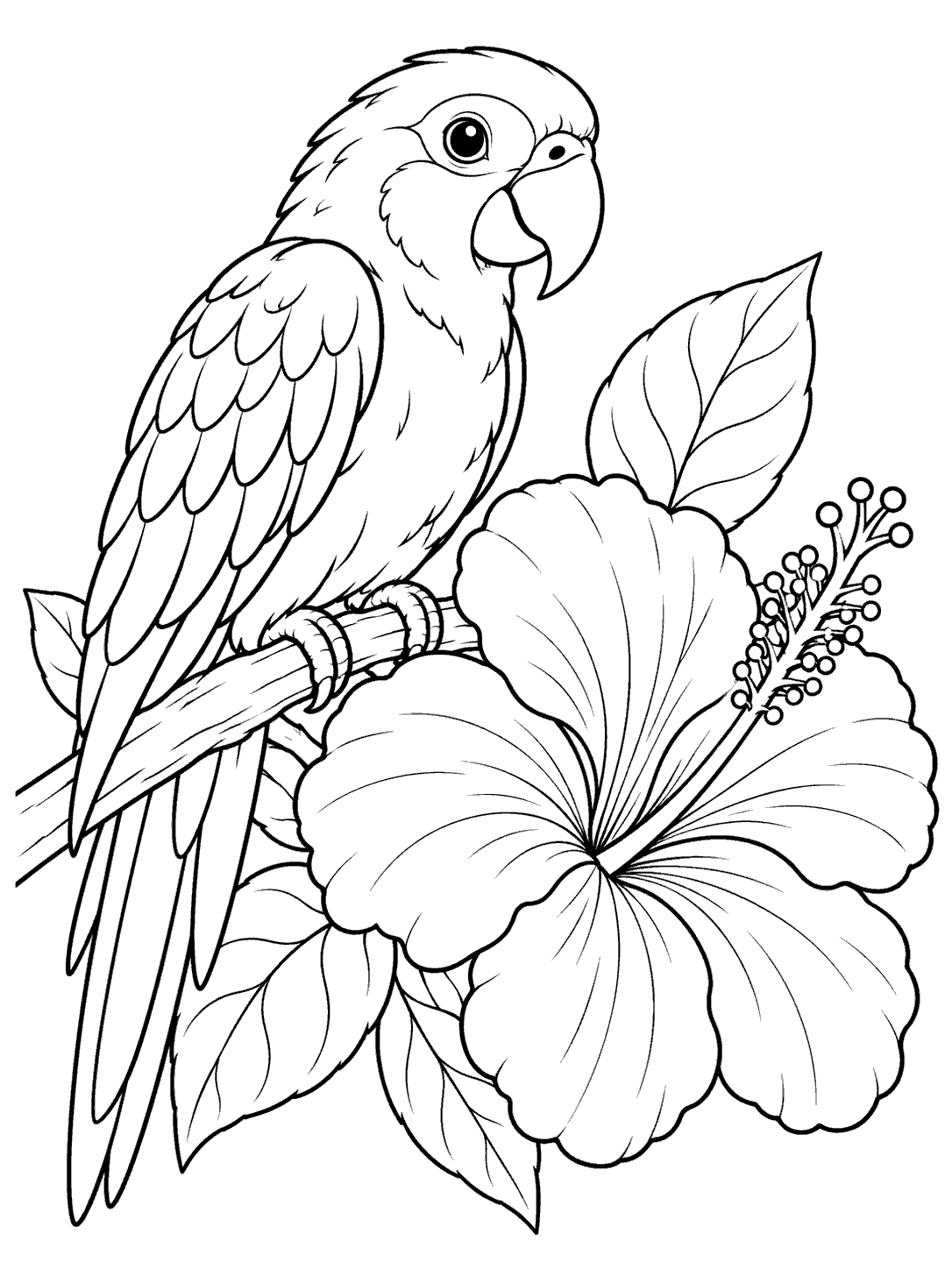 Black-and-white parrot coloring page with a perched parrot and large hibiscus flower