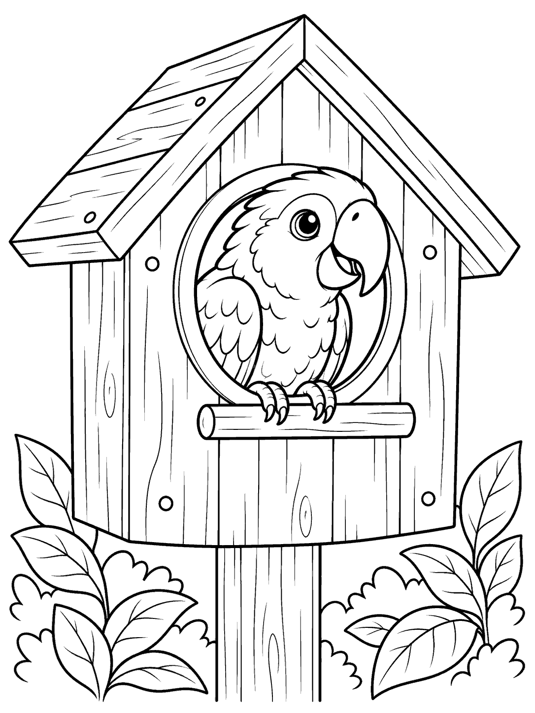 Parrot coloring page showing a parrot perched in the round entrance of a wooden birdhouse surrounded by leaves.