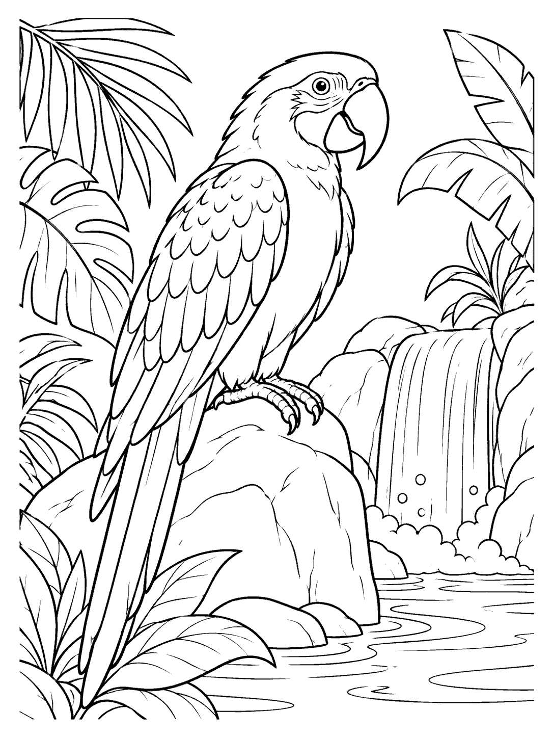 Black-and-white parrot coloring page showing a perched parrot beside a waterfall, framed by jungle leaves.