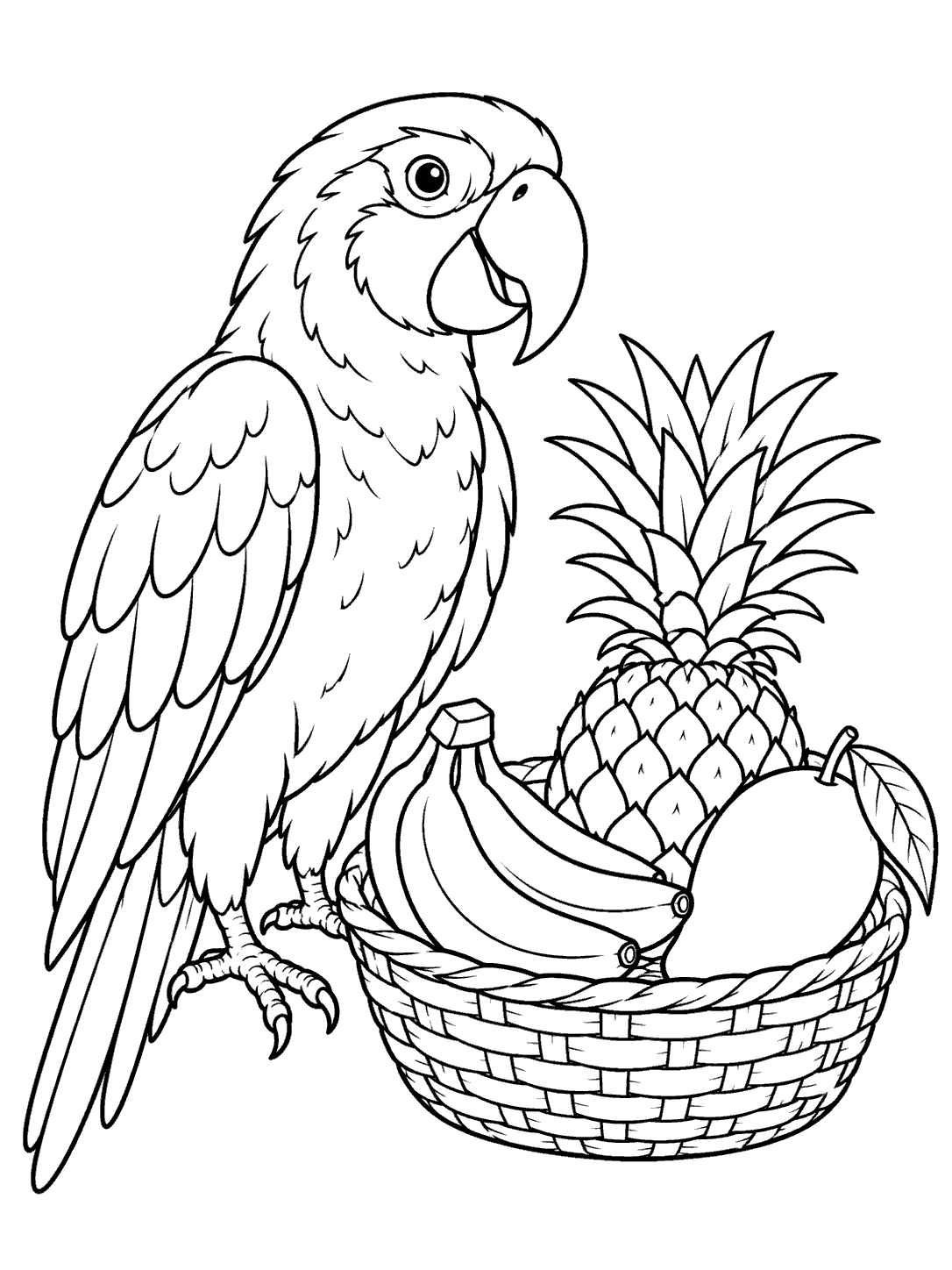 Parrot coloring page showing a large parrot beside a woven basket with a pineapple, bananas, and a mango.