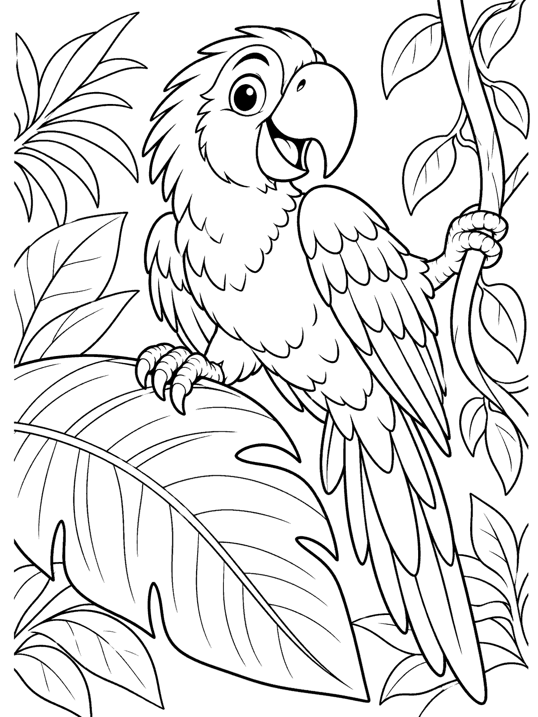 Parrot coloring page showing a playful bird gripping a large curved leaf with one foot and holding a branch with the other.
