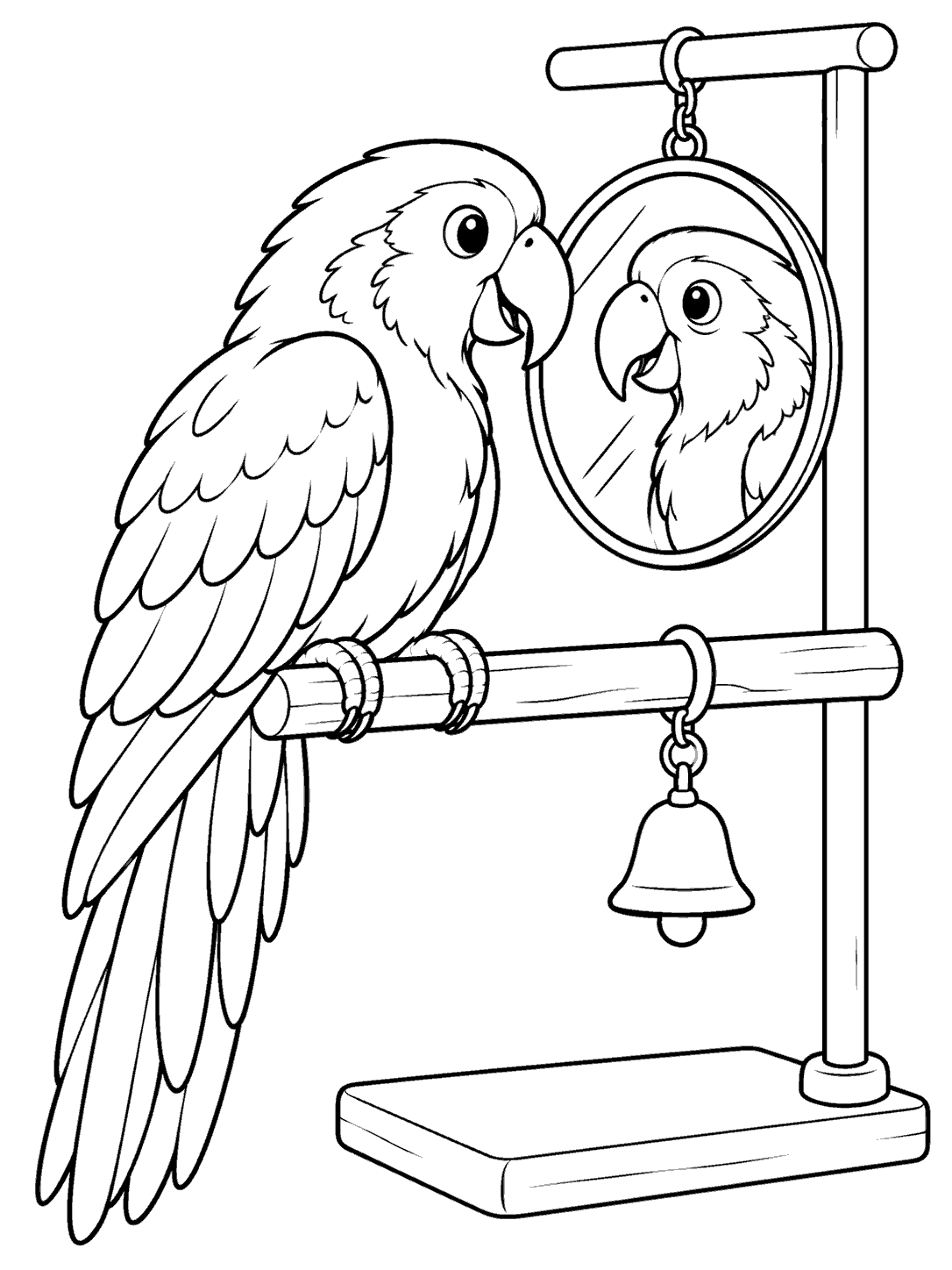 Parrot coloring page showing a parrot perched on a stand and looking into its reflection in a round mirror, with a bell hanging nearby.