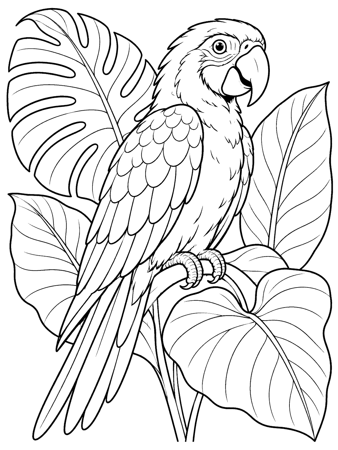 Black-and-white parrot coloring page with a fully visible bird perched among large tropical leaves.