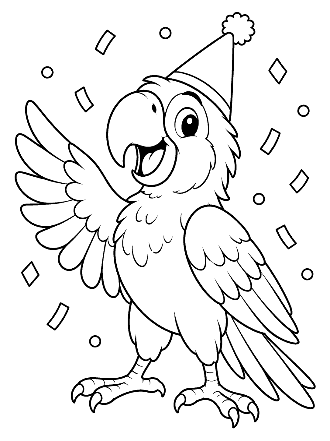 Black and white parrot coloring page showing a smiling bird in a cone-shaped party hat with confetti around it.