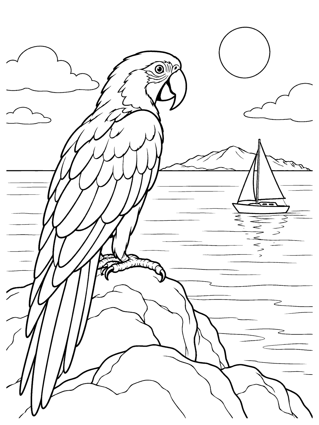 Parrot coloring page showing a parrot on a coastal rock watching a sailboat on calm water, with a distant island.