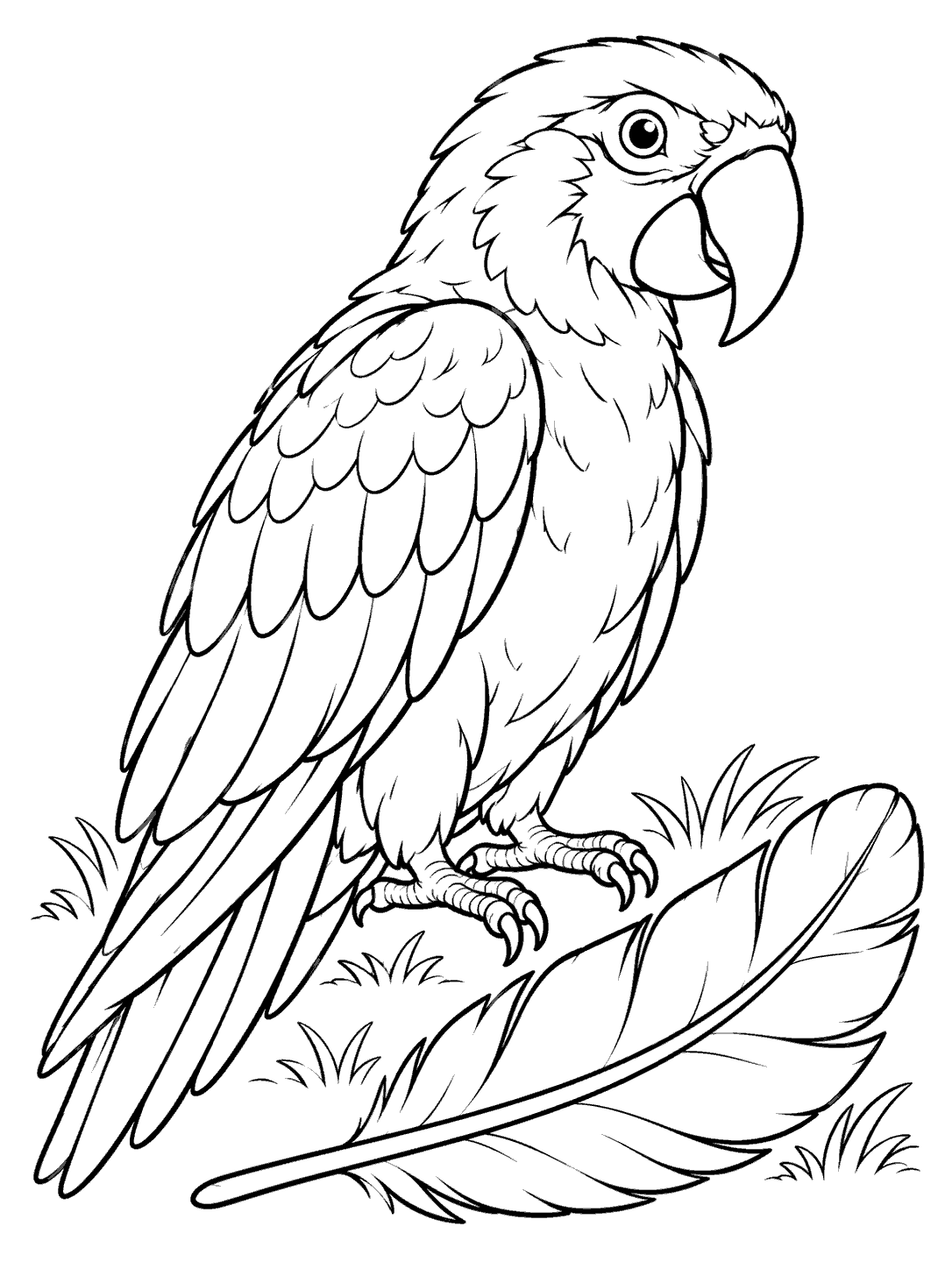 Black-and-white parrot coloring page with a large feather and small patches of grass.
