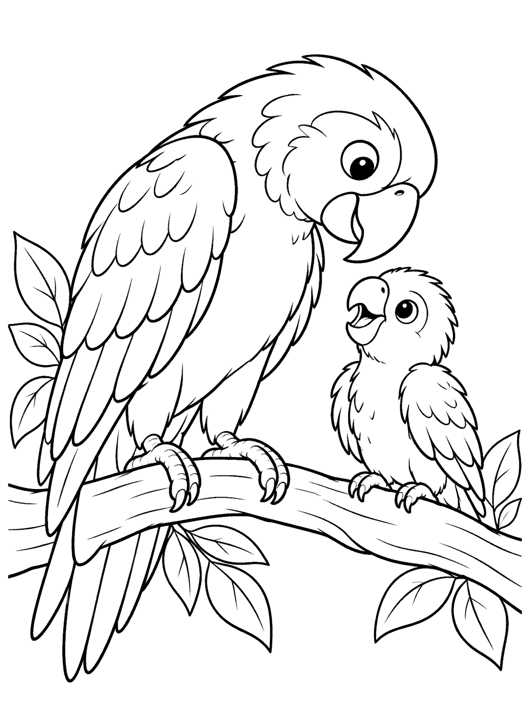 Black-and-white parrot coloring page showing an adult parrot leaning toward a chick on a leafy branch.