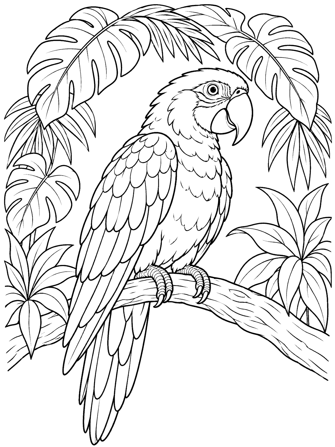 Black-and-white parrot coloring page with a long tail, perched beneath an arch of tropical leaves.