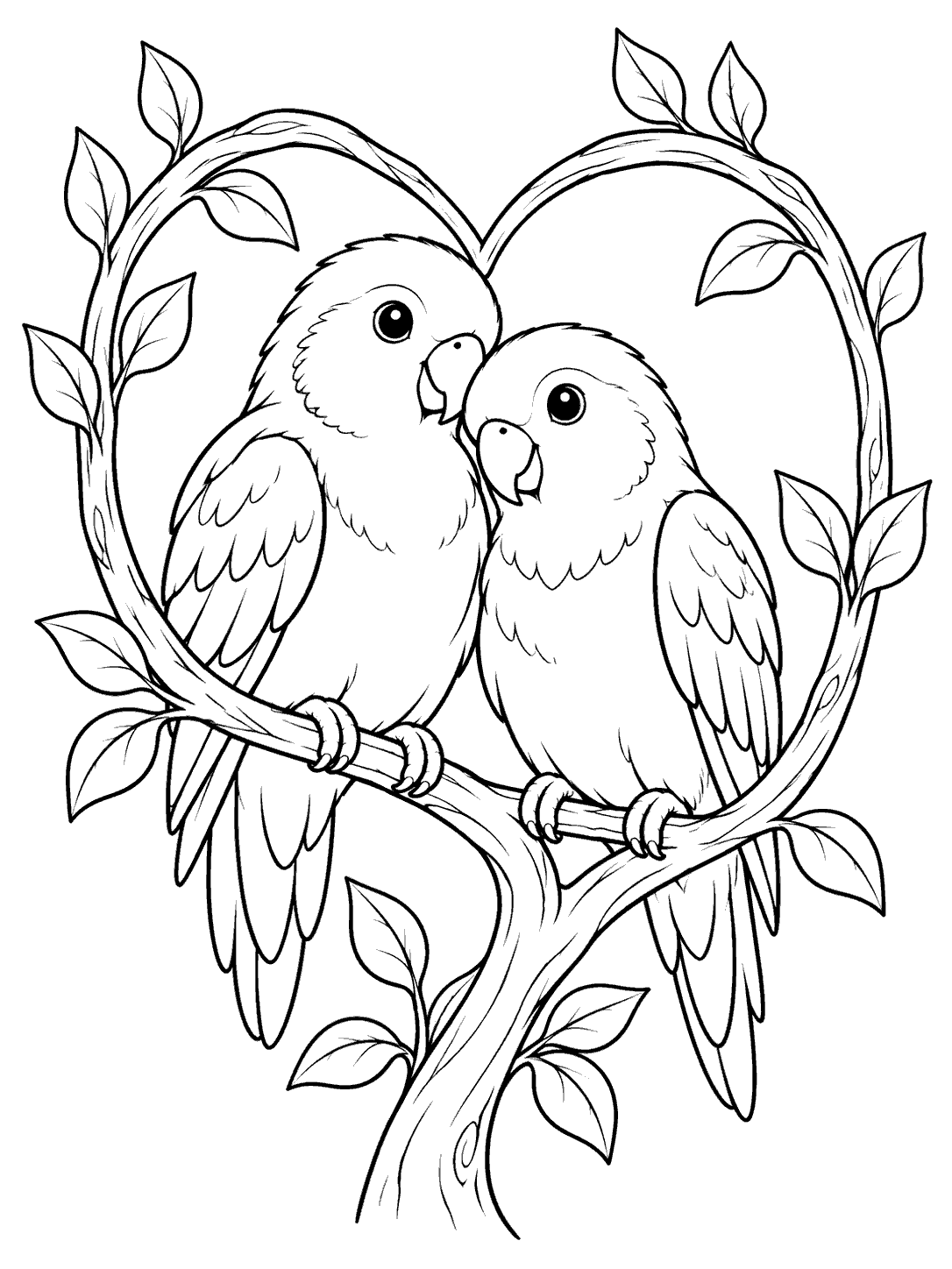 Parrot coloring page showing two lovebirds perched together inside a heart-shaped branch with leaves.