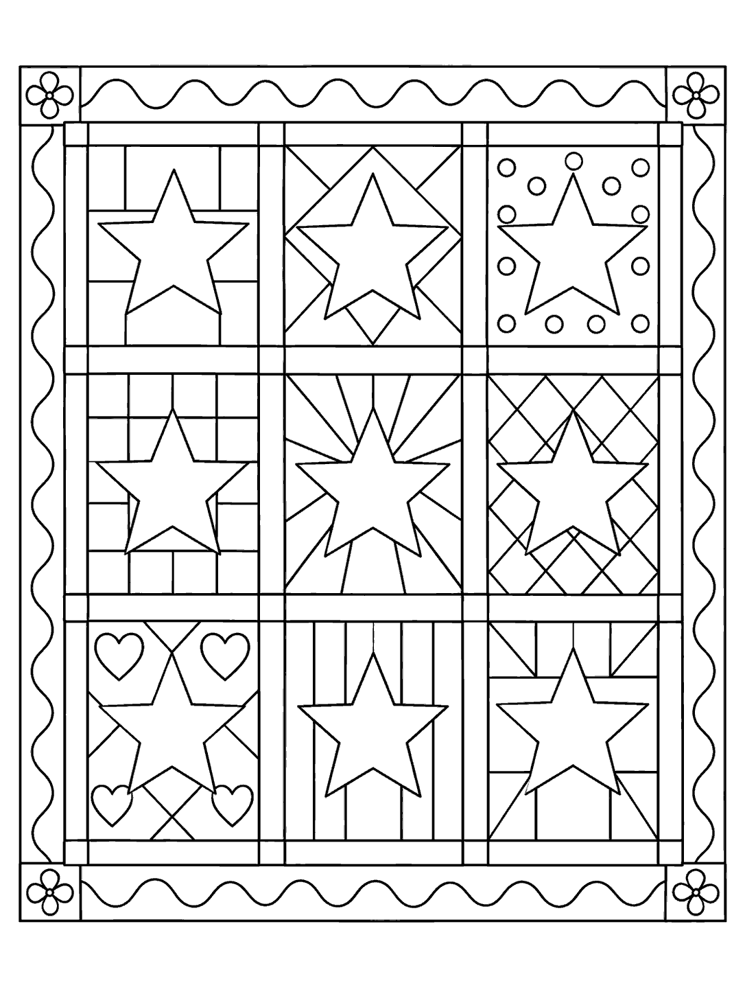 Black-and-white printable patchwork quilt coloring page with nine large five-point stars in square blocks and a decorative border.