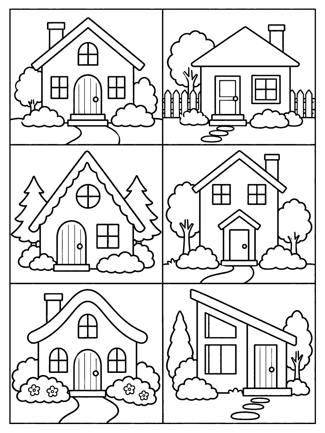 A portrait coloring page with six outlined houses in a two-column, three-row patchwork grid.