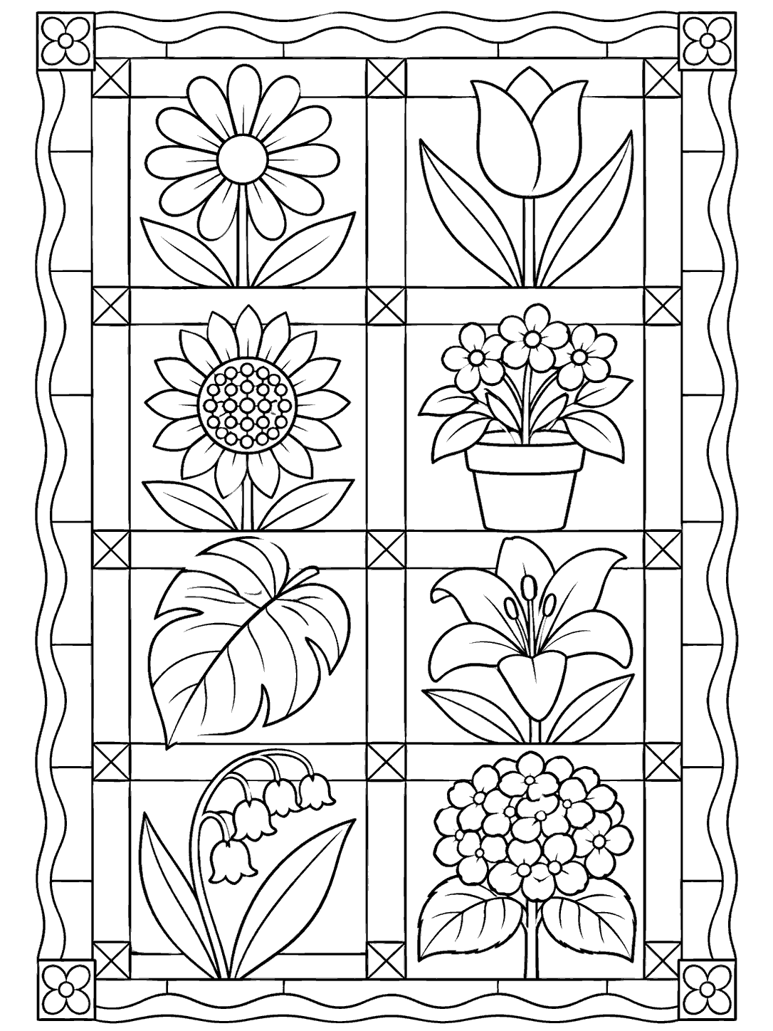 Portrait black-and-white coloring page of a garden quilt with eight botanical blocks, including flowers, leaves, and potted plants.