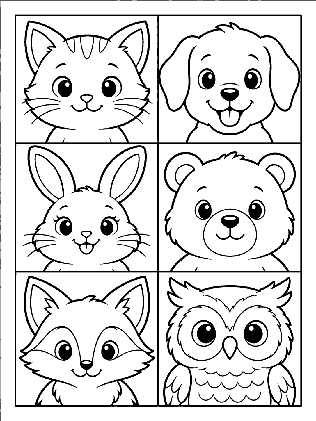 Black-and-white patchwork coloring page with cat, dog, rabbit, bear, fox, and owl faces in six square blocks.