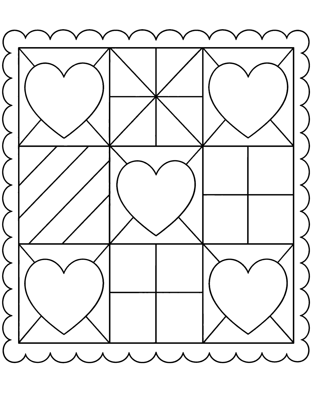 Printable black-outline quilt coloring page with four large hearts and geometric patchwork blocks.