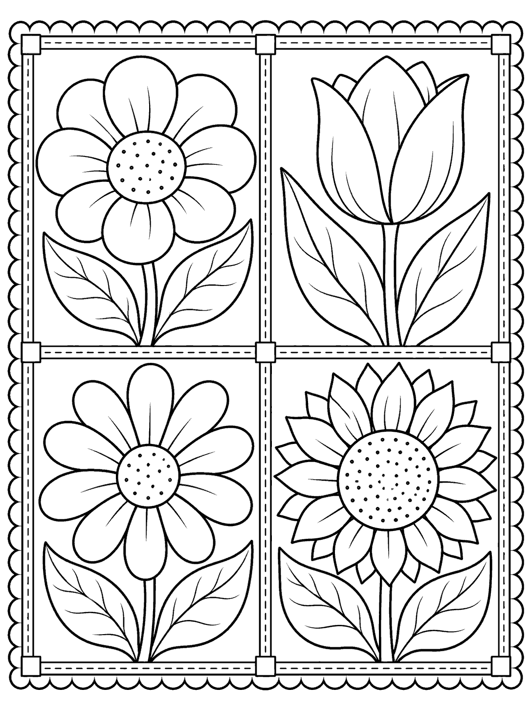Patchwork flower garden coloring page with a tulip, daisy, round-petal bloom, and sunflower, each in its own square.