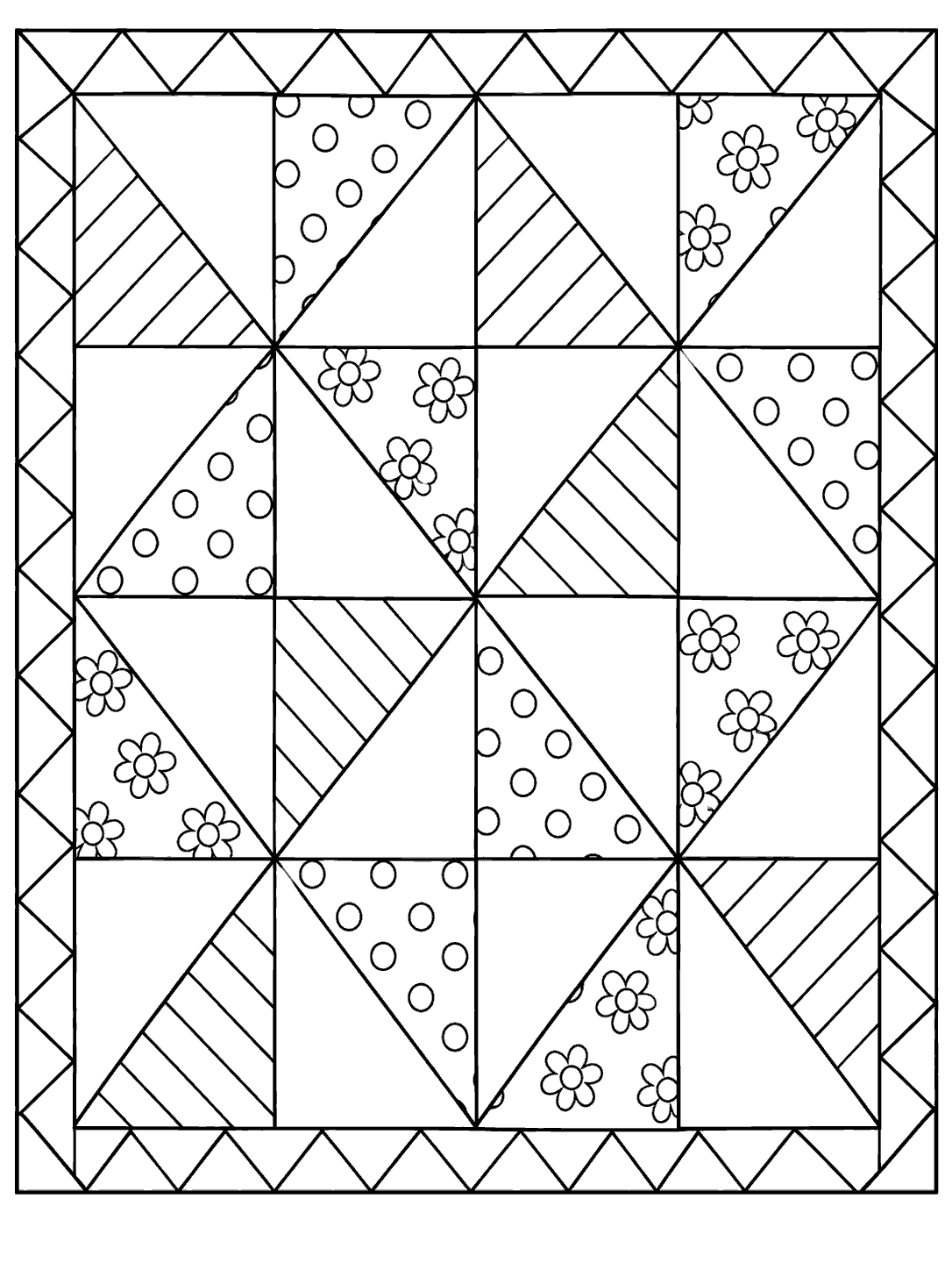 Black-and-white patchwork quilt coloring page with broad triangular sections, dotted and striped patches, small flowers, and a triangular border.