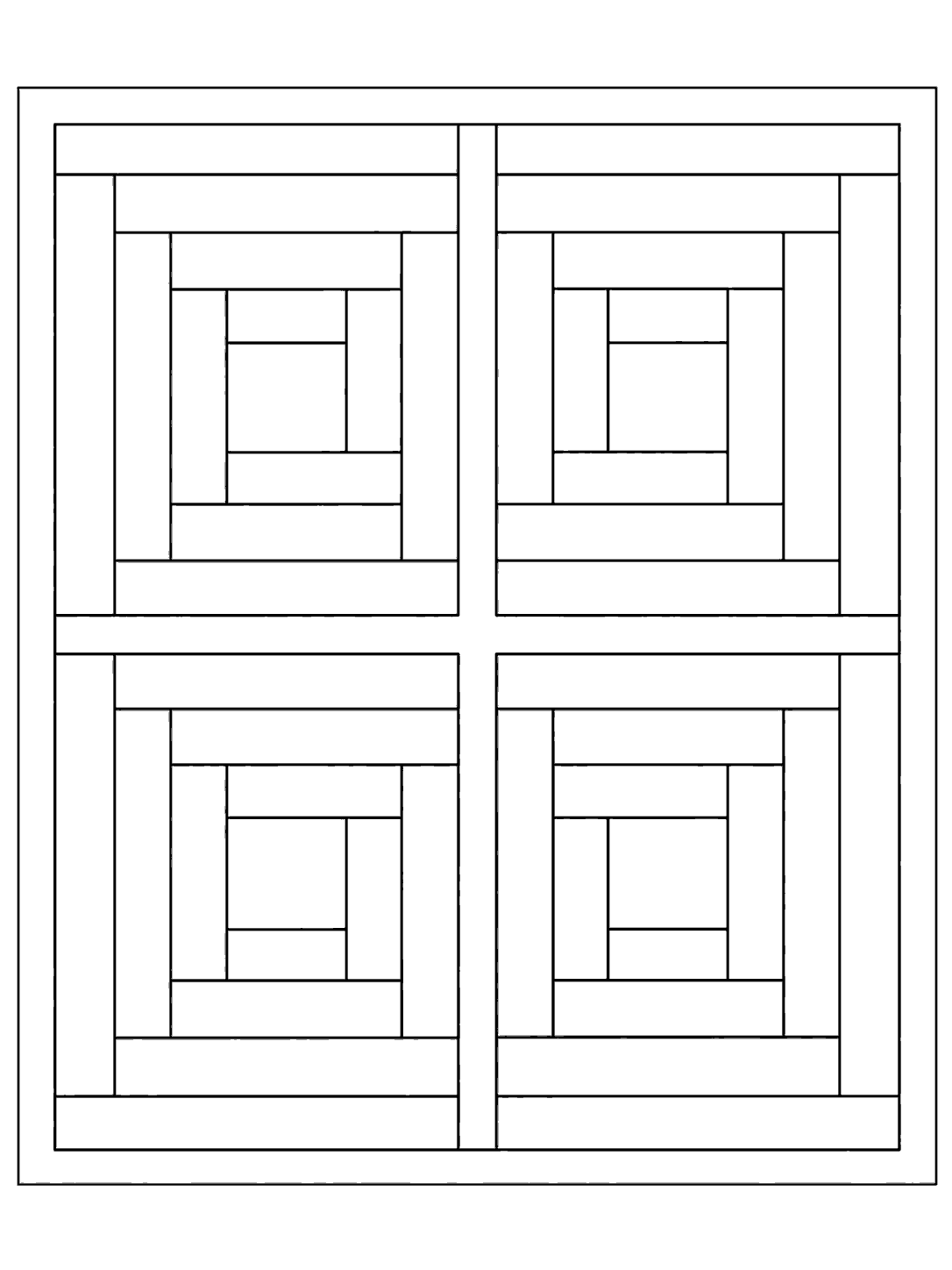 Four outlined log-cabin quilt blocks arranged in a two-by-two grid, with broad strips around central squares.