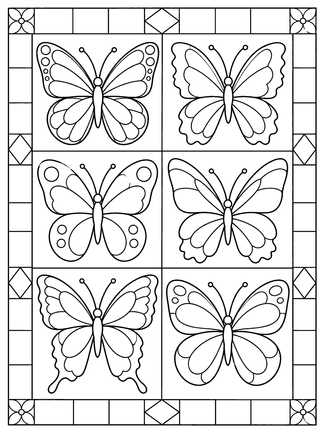 Black outline coloring page showing six varied butterflies in a patchwork quilt with a geometric border.