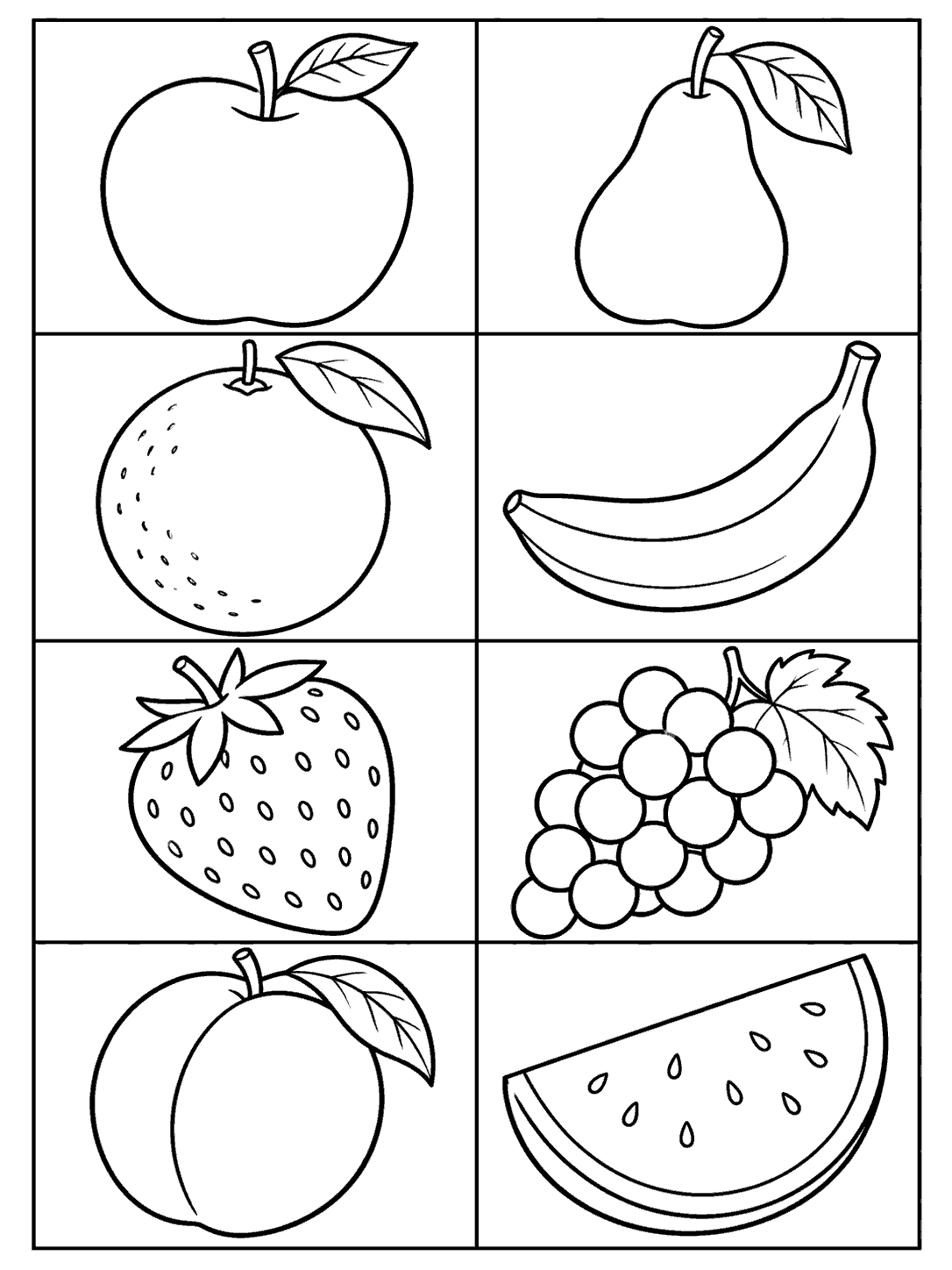 Patchwork coloring page with eight large outlined fruits arranged in a two-column grid: apple, pear, orange, banana, strawberry, grapes, peach, and watermelon wedge.