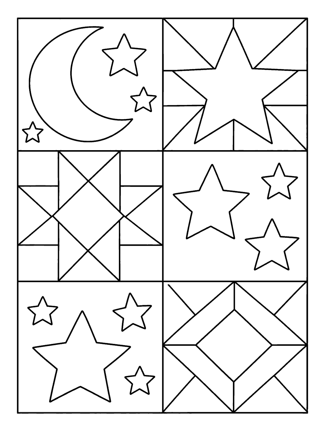Patchwork coloring page with a crescent moon, five-point stars, and geometric quilt blocks