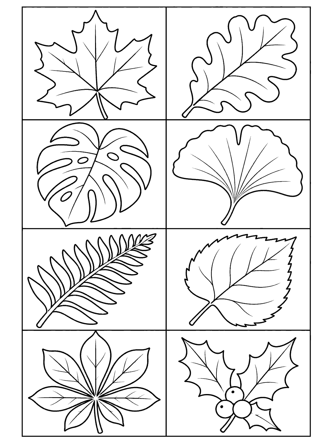 Portrait coloring page with eight large black outline leaf illustrations arranged in a two-column patchwork grid.