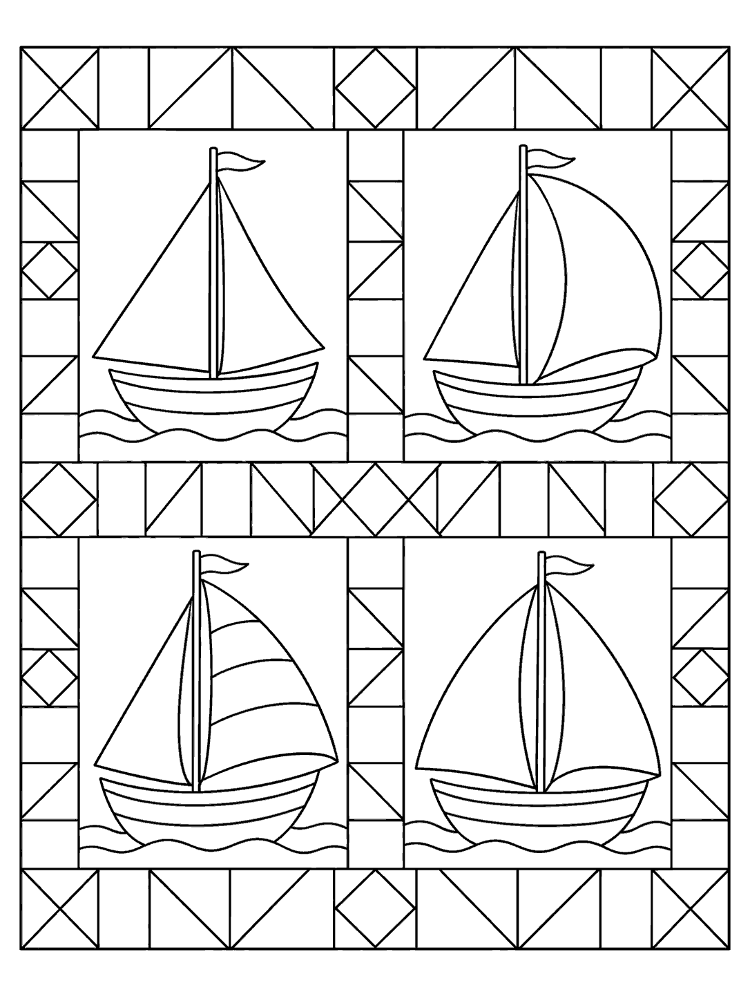 Black and white patchwork quilt coloring page with four sailboats, wavy water, and geometric fabric patches.