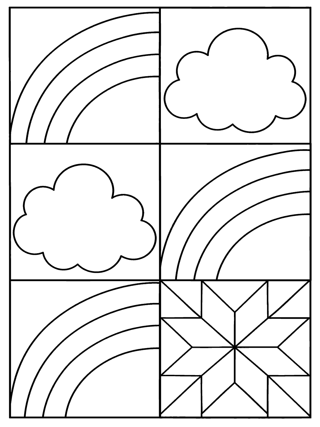Portrait coloring page with six quilt blocks: three broad rainbows, two puffy clouds, and one geometric star patch.