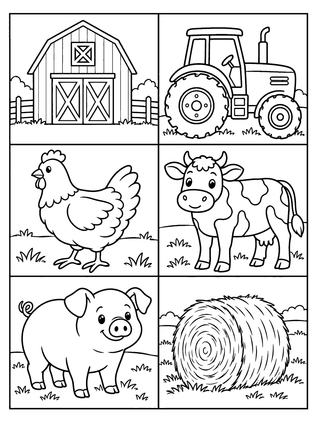 Portrait black-and-white patchwork coloring page with a barn, tractor, chicken, cow, pig, and round hay bale, each in its own block.