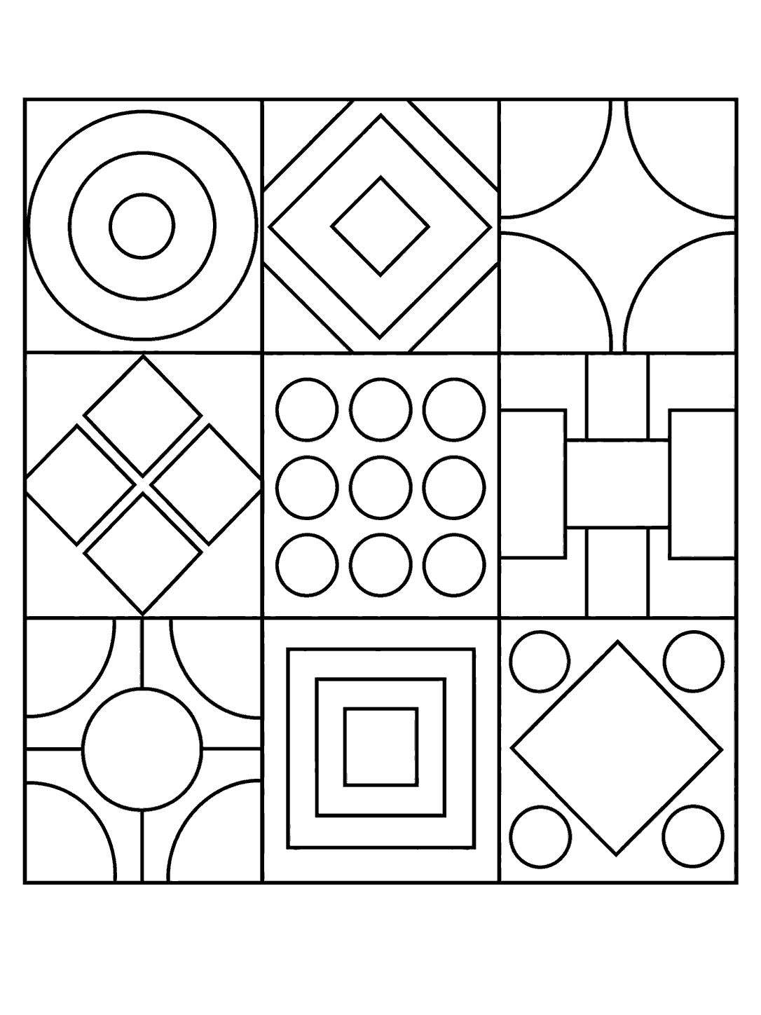 Patchwork geometric quilt coloring page with nine squares of circles, diamonds, and rectangles