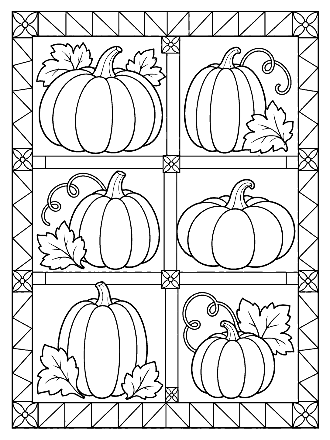 Printable black-and-white patchwork quilt coloring page with six segmented pumpkins in a bordered grid.