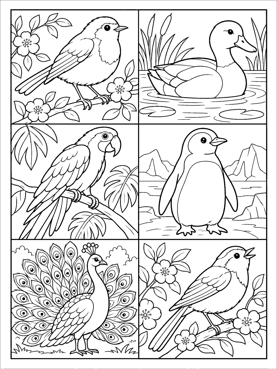 A black-and-white patchwork coloring page with a robin, duck, parrot, penguin, peacock, and songbird in six bordered blocks.