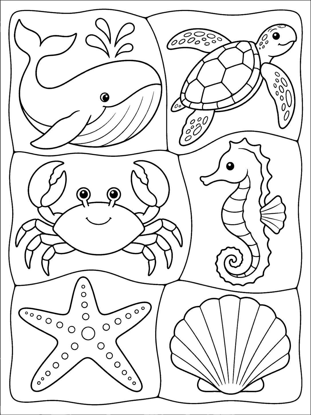 Black-and-white patchwork coloring page with a whale, sea turtle, crab, seahorse, starfish, and shell in six blocks.