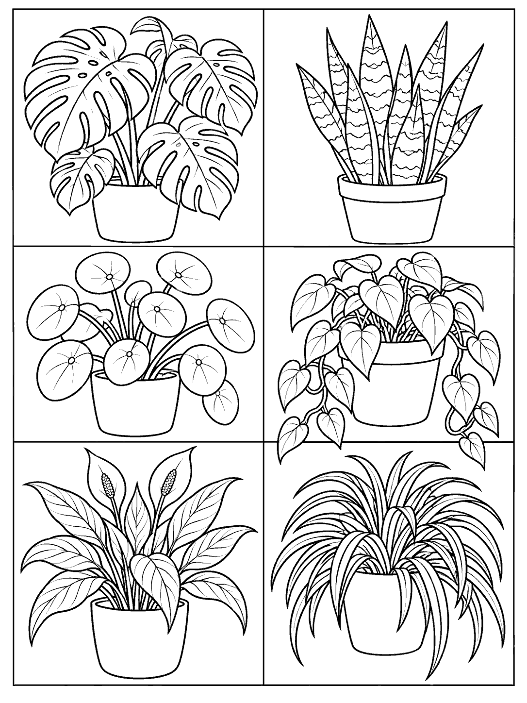 Patchwork houseplant quilt coloring page with six distinct potted plants in a two-column, three-row grid.