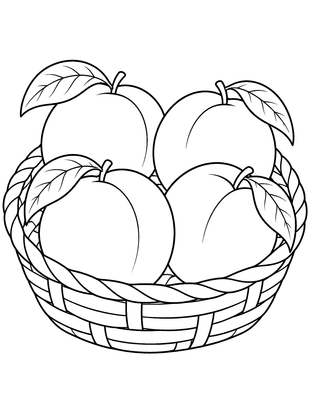 Four large peaches with leaves nestled in an open woven basket.