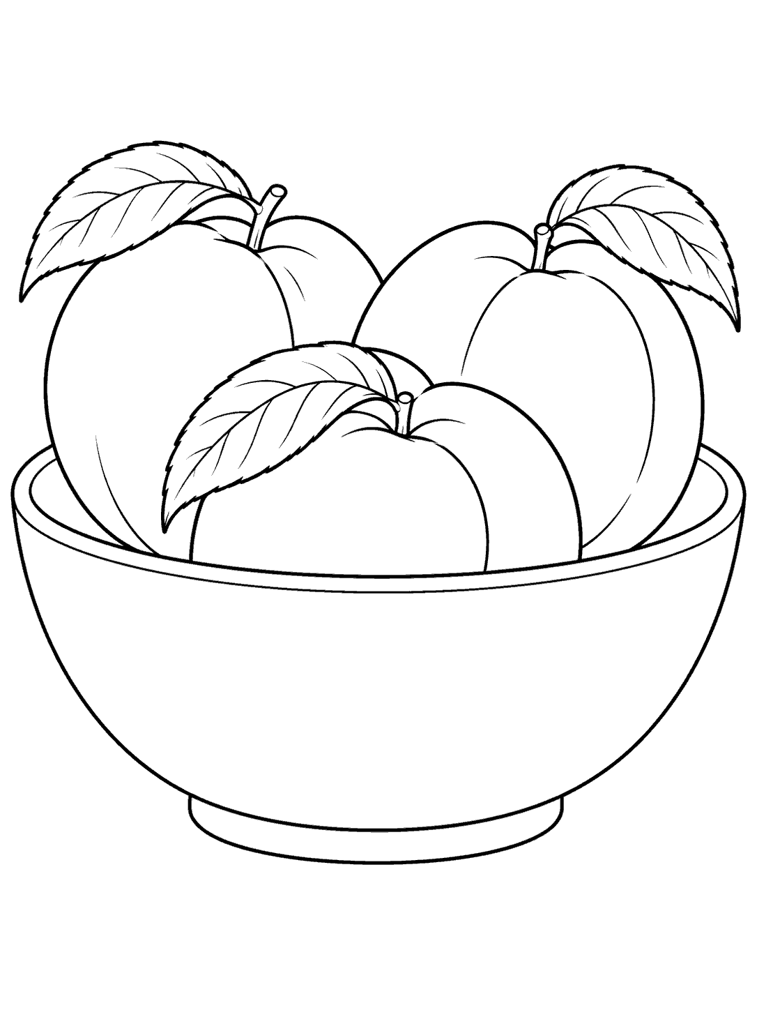 Three whole peaches with leaves in a wide, plain bowl.