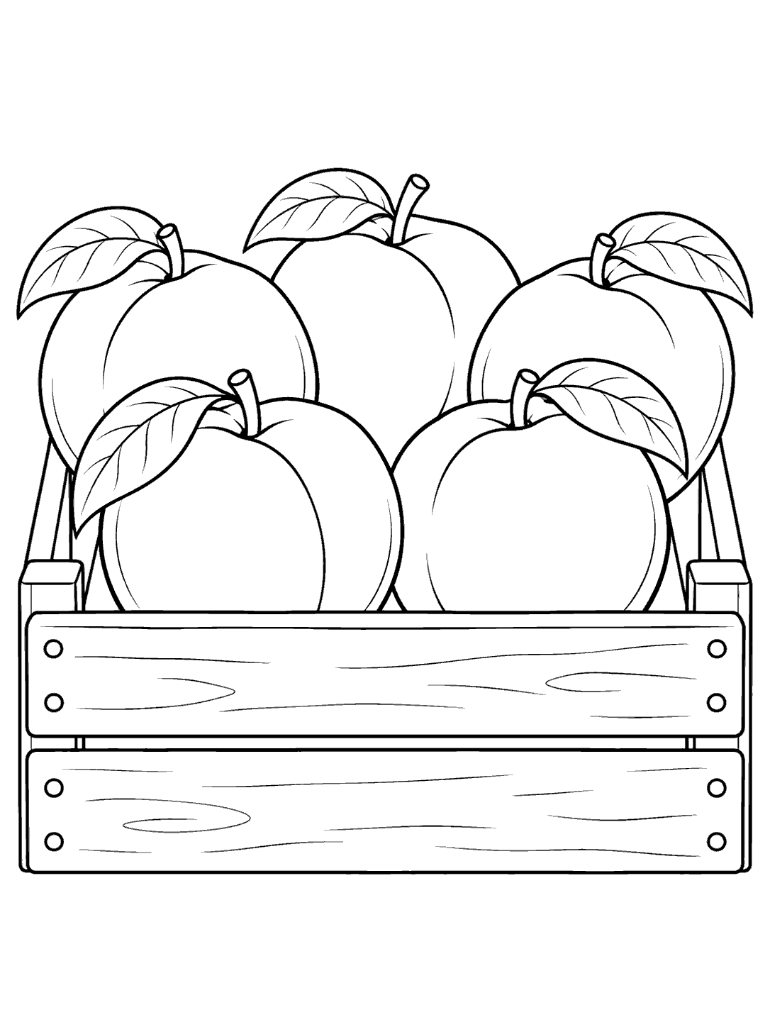 Five outlined peaches, with leaves and stems, arranged in a wooden market crate