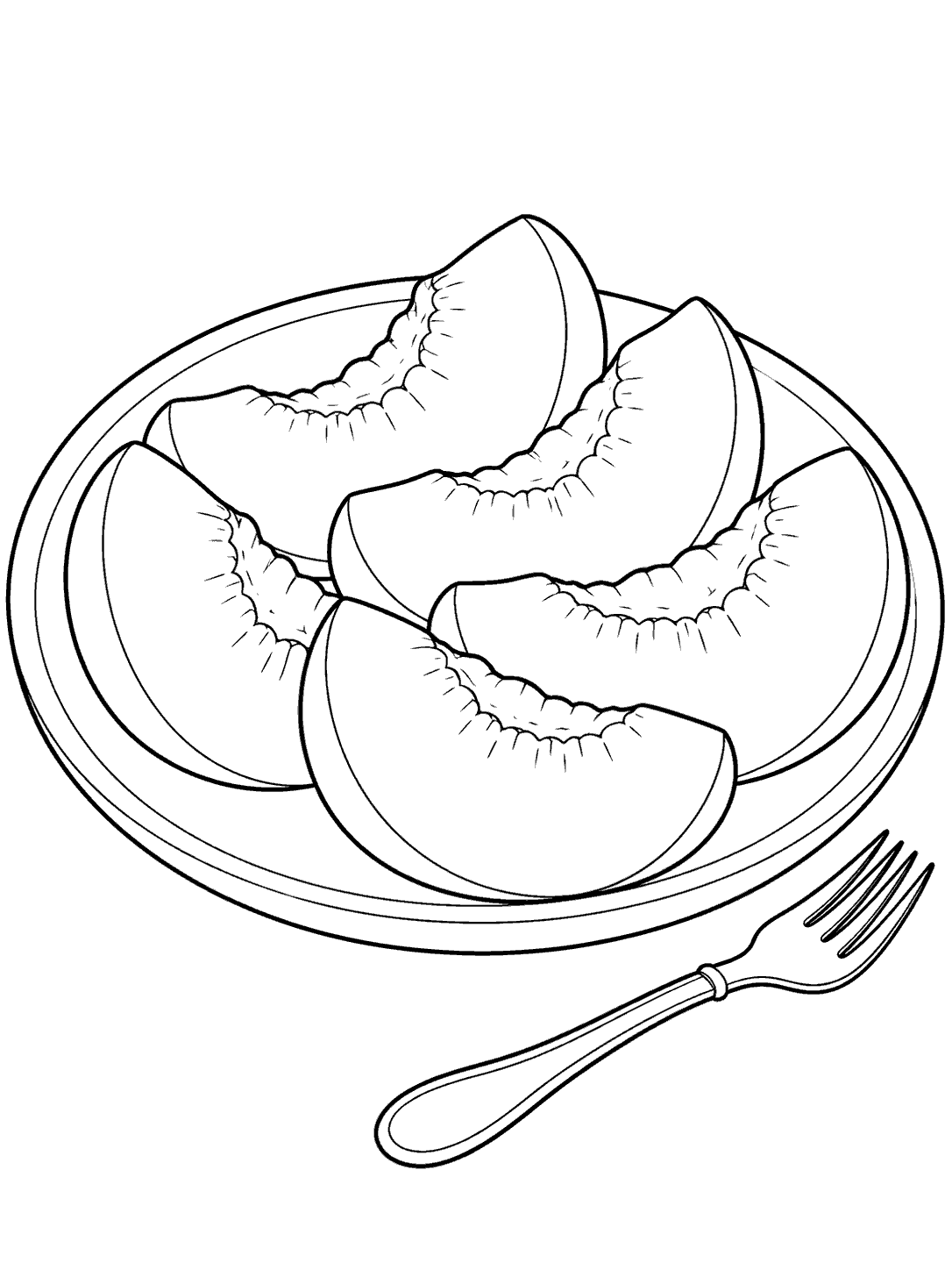 Several outlined peach slices arranged on a round plate with a fork beside it