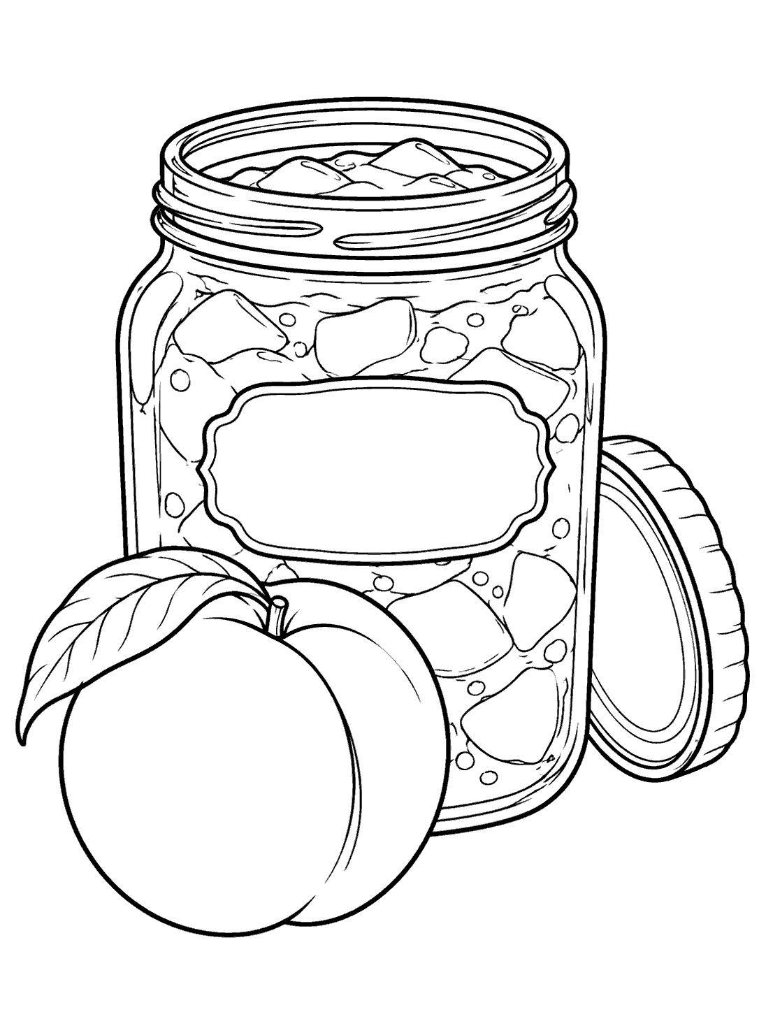 Black-outline coloring page showing a wide jar filled with peach preserves, a blank label, a loose lid, and a whole peach in front.