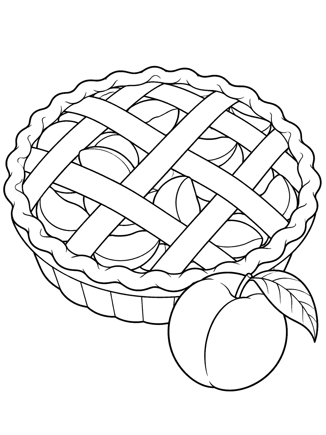Black-and-white coloring page of a lattice-topped peach pie in a dish with a whole peach beside it.