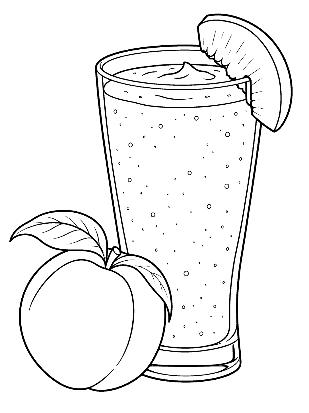 Black outline coloring page of a tall peach smoothie glass with a peach slice on its rim and a whole peach with leaves at the base