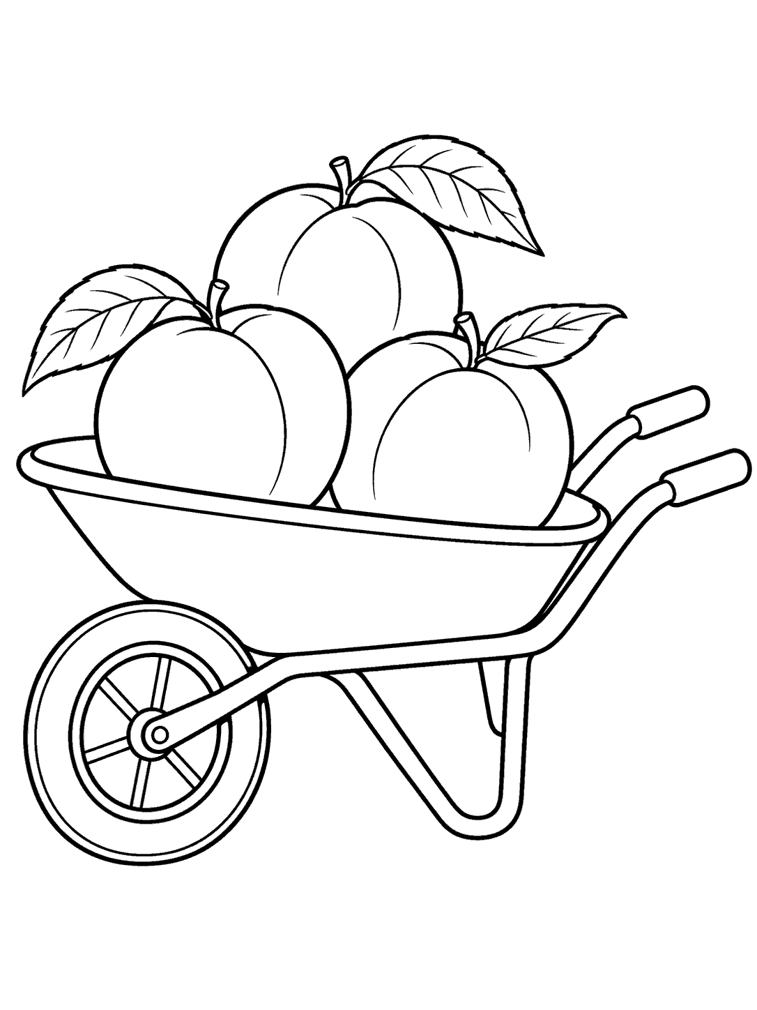 Three large peaches with leaves in a side-view garden wheelbarrow with one wheel and two handles.