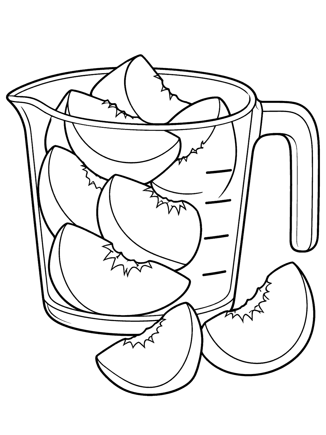 Peach chunks in a measuring cup, with two slices beside it.