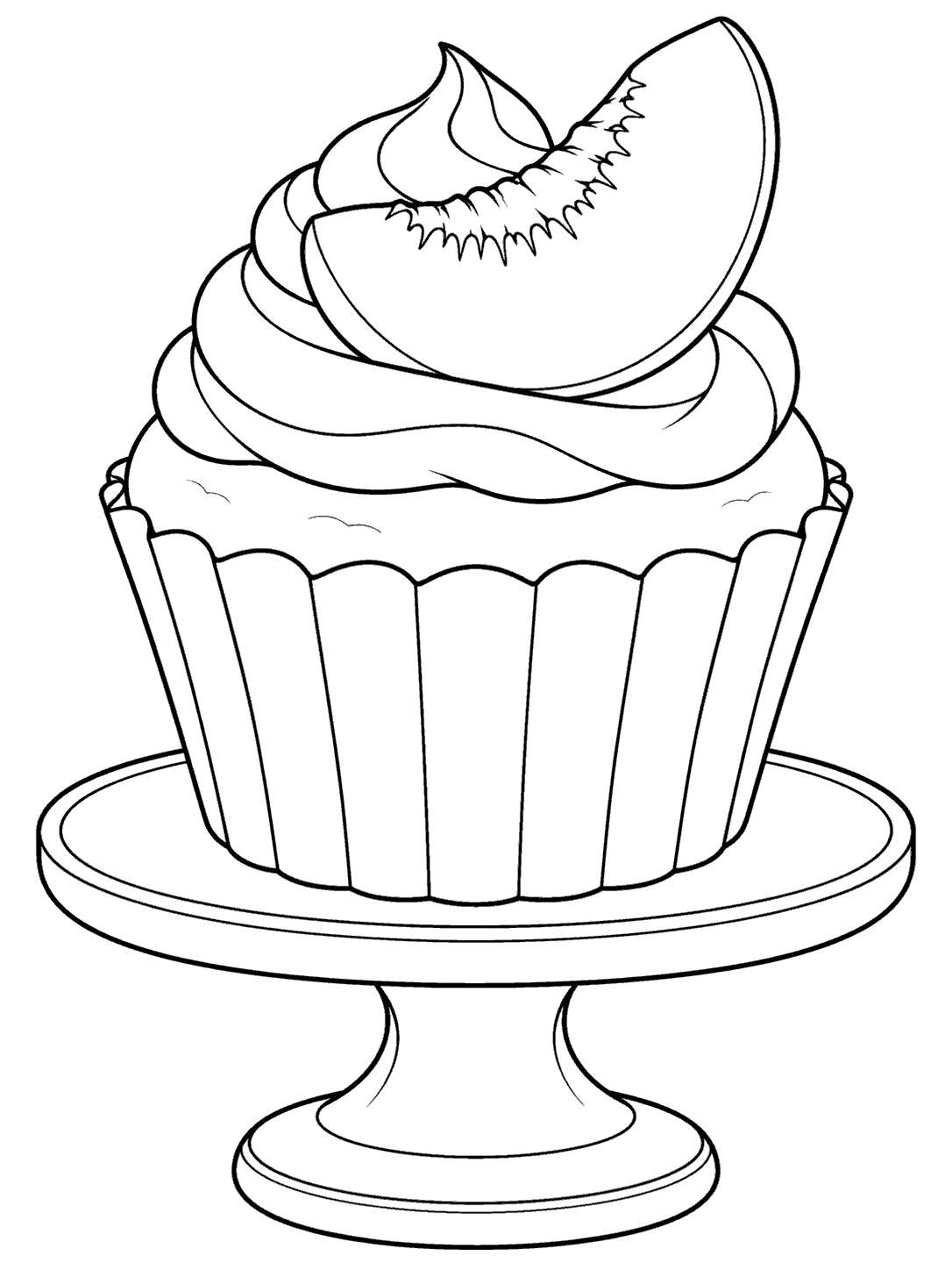 Large cupcake with a peach slice and frosting swirl on a single-tier dessert stand