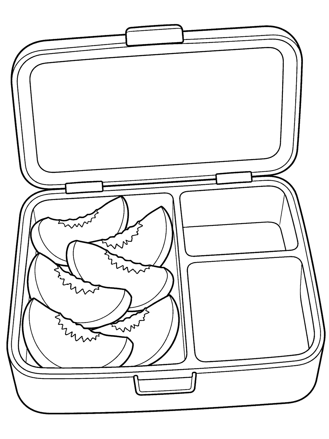 Several peach wedges in one compartment of an open lunch box, with the other compartments empty.