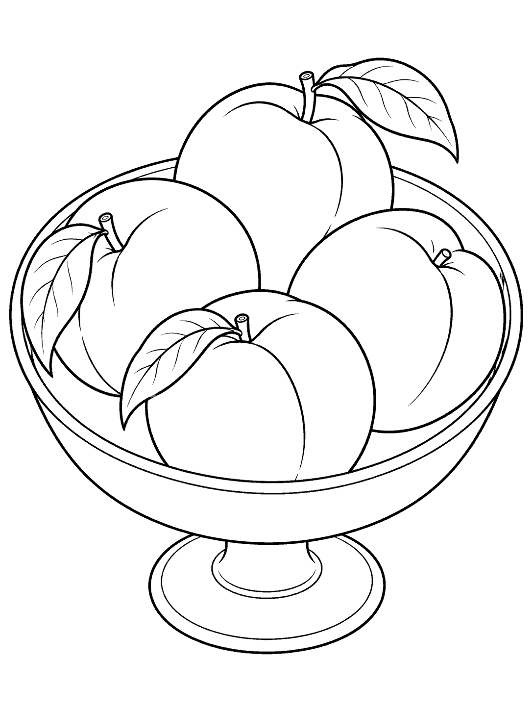 Four peaches with leaves in a shallow footed fruit bowl, drawn in clean black outlines.