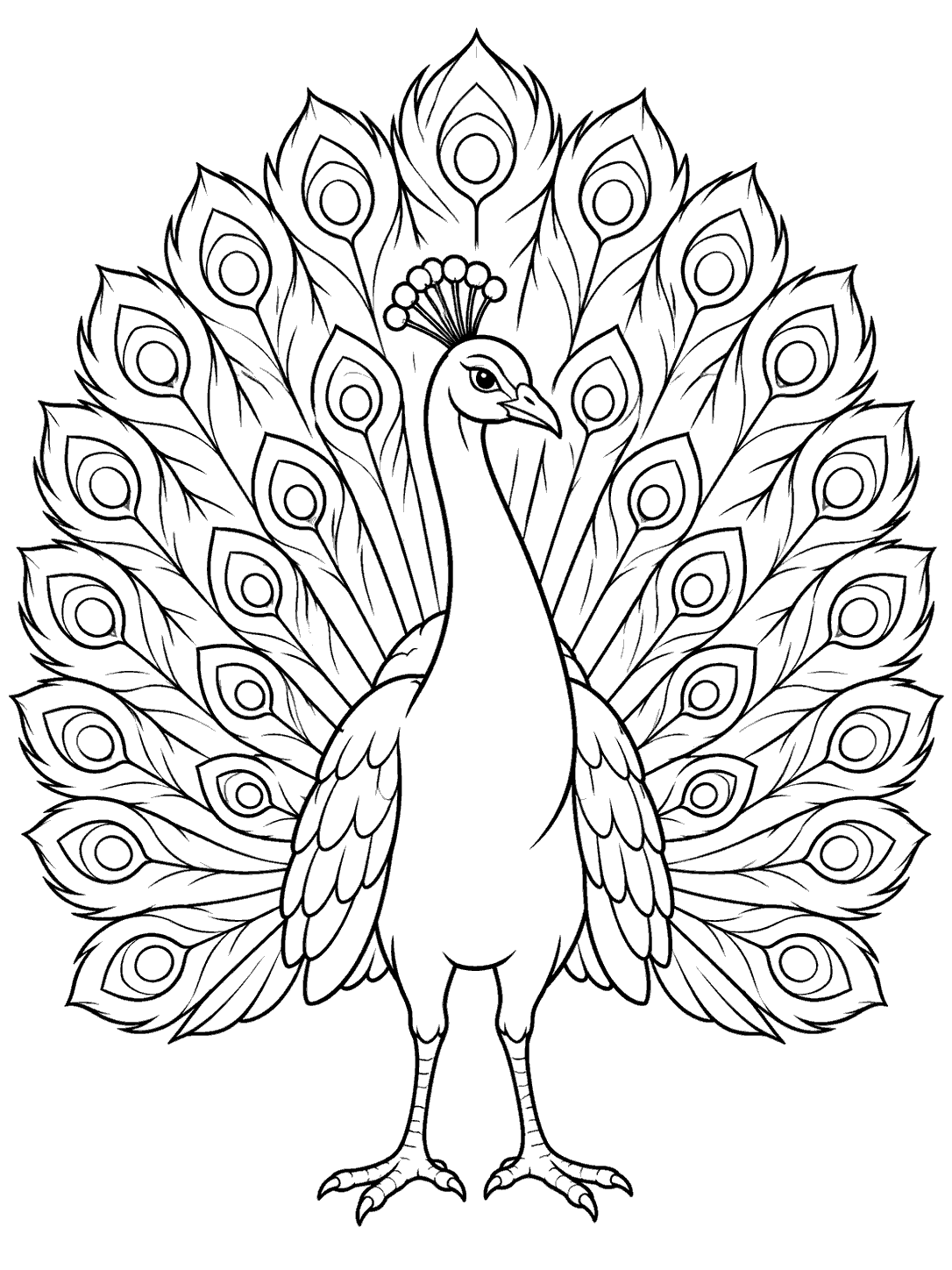 Centered peacock with a broad fan of eye-patterned tail feathers and a small crest.