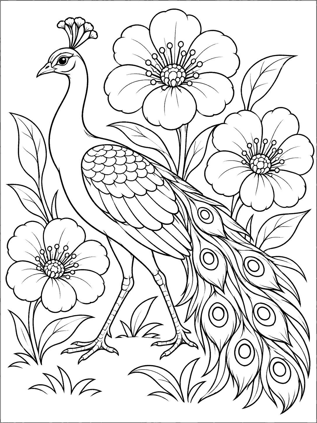 Black outline coloring page of a peacock in profile with a long eye-spotted tail among three oversized flowers and curved leaves.