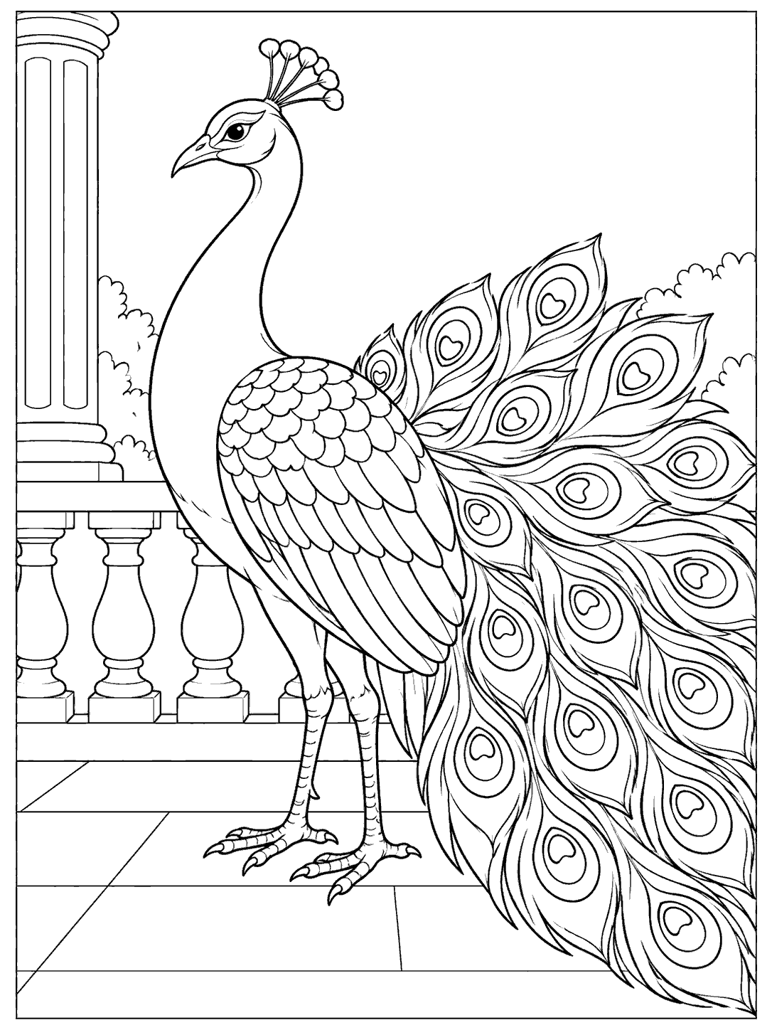 Black-and-white coloring page showing an upright peacock with a partially fanned, eye-patterned tail beside a balcony railing and column.