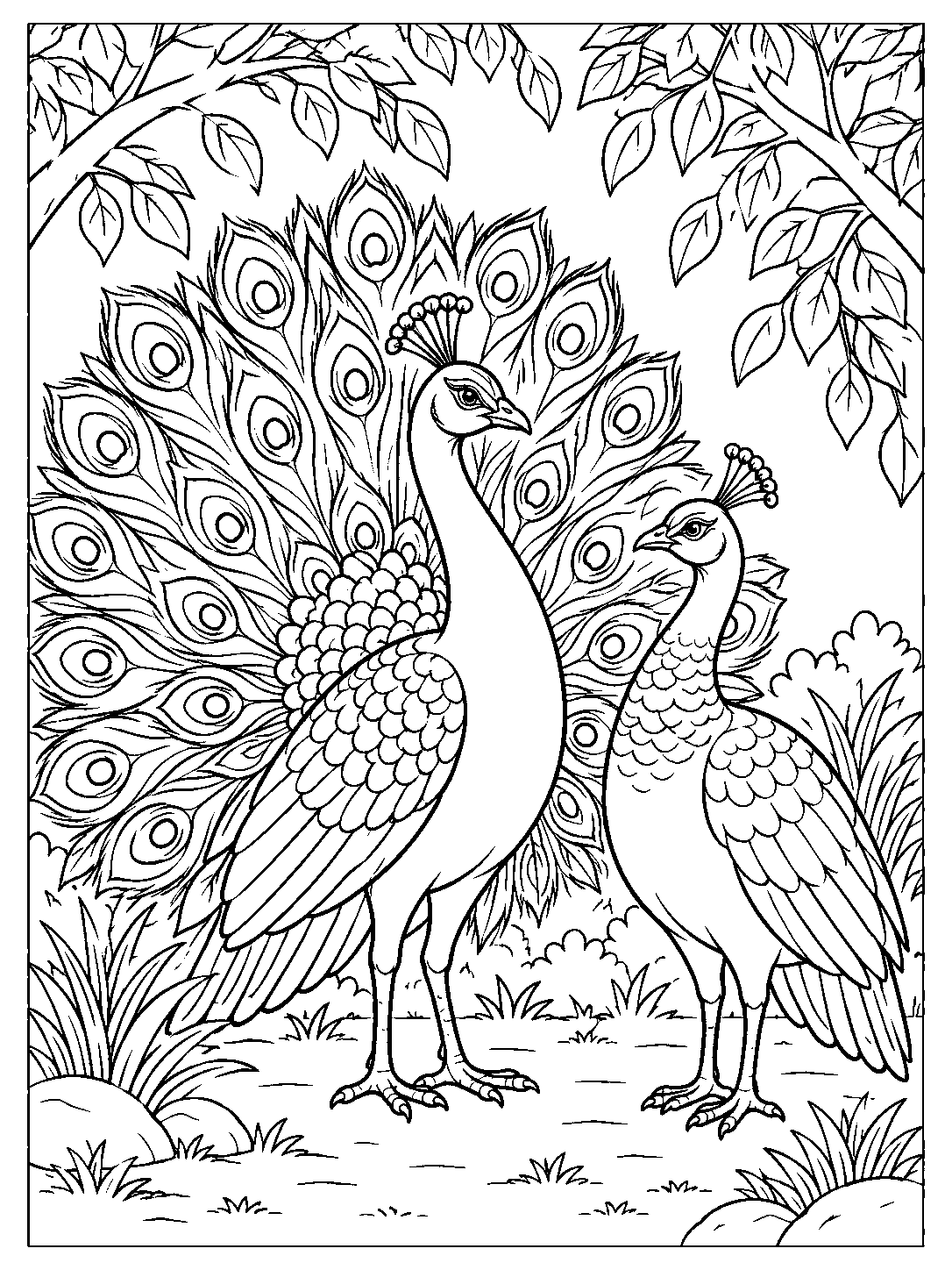 A male peacock with a broad, eye-patterned fan stands beside a simpler-feathered peahen beneath leafy branches.