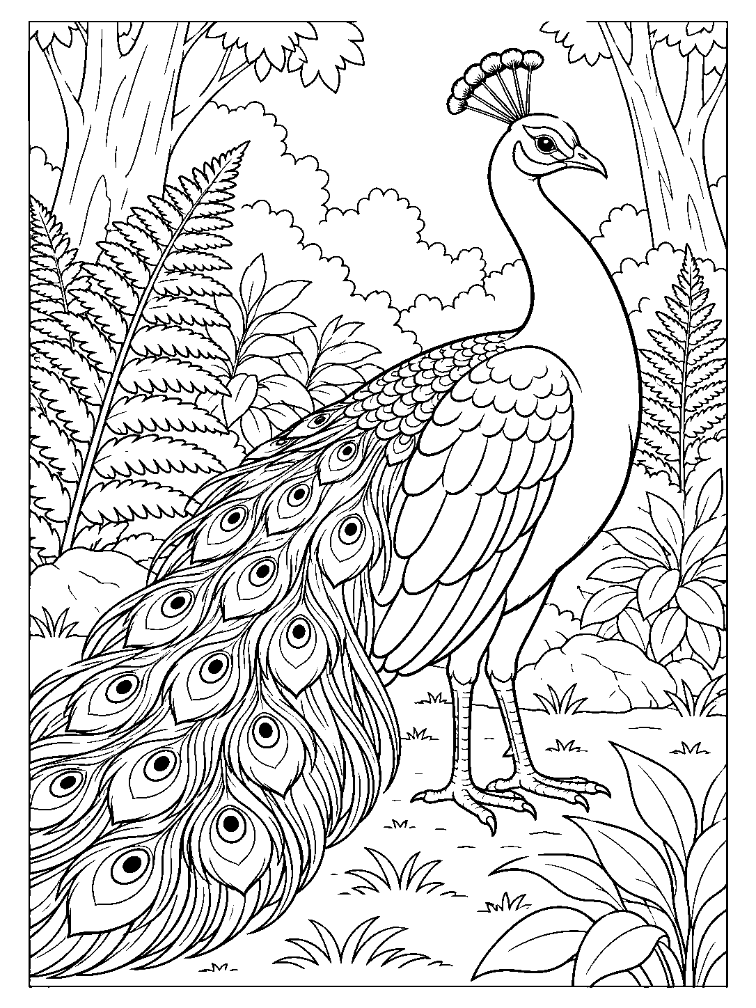 A peacock with a sweeping, eye-patterned tail stands among ferns, leafy plants, and trees in a clearing.